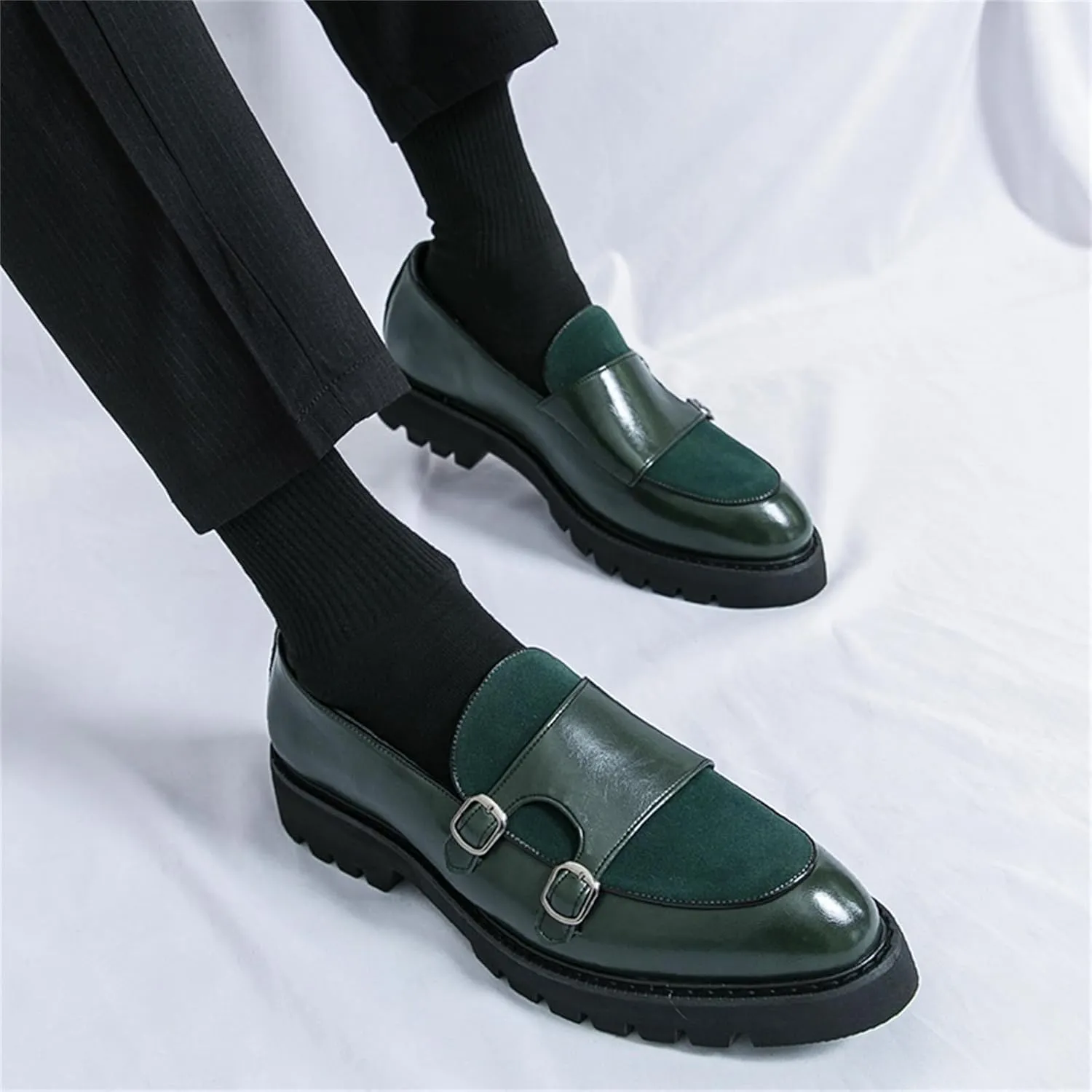 Men's Suede Platform Slip On Loafers with Double Monk Strap Retro Low Top Pointed Toe Dress Loafers for Formal Business Party Wedding