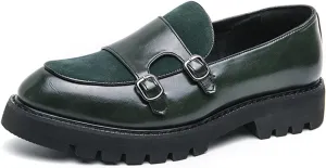 Men's Suede Platform Slip On Loafers with Double Monk Strap Retro Low Top Pointed Toe Dress Loafers for Formal Business Party Wedding
