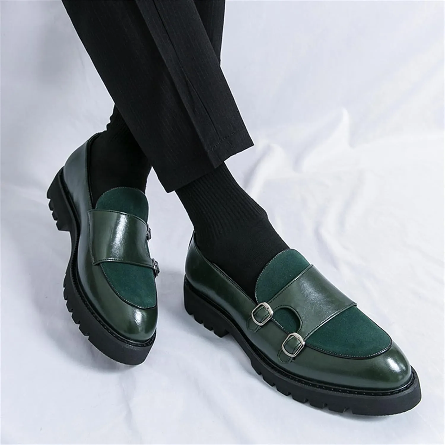 Men's Suede Platform Slip On Loafers with Double Monk Strap Retro Low Top Pointed Toe Dress Loafers for Formal Business Party Wedding