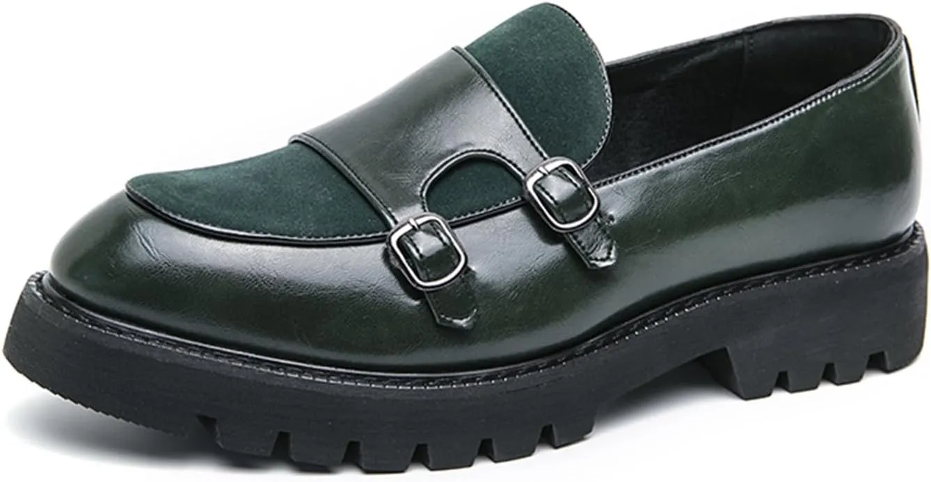 Men's Suede Platform Slip On Loafers with Double Monk Strap Retro Low Top Pointed Toe Dress Loafers for Formal Business Party Wedding