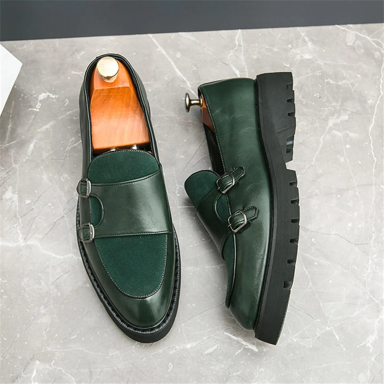 Men's Suede Platform Slip On Loafers with Double Monk Strap Retro Low Top Pointed Toe Dress Loafers for Formal Business Party Wedding