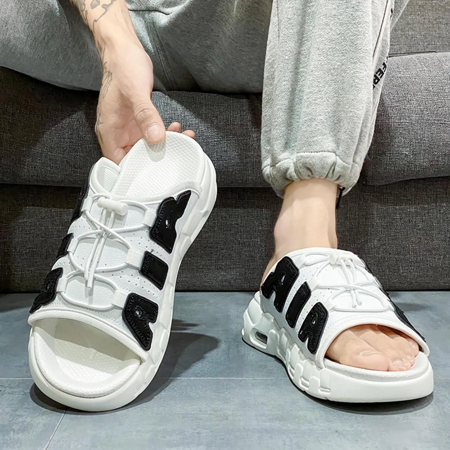 Men's Thick Slippers - Breathable Perforated Leather Sandals with Adjustable Shoelaces Indoor/Outdoor Non Slip Sole