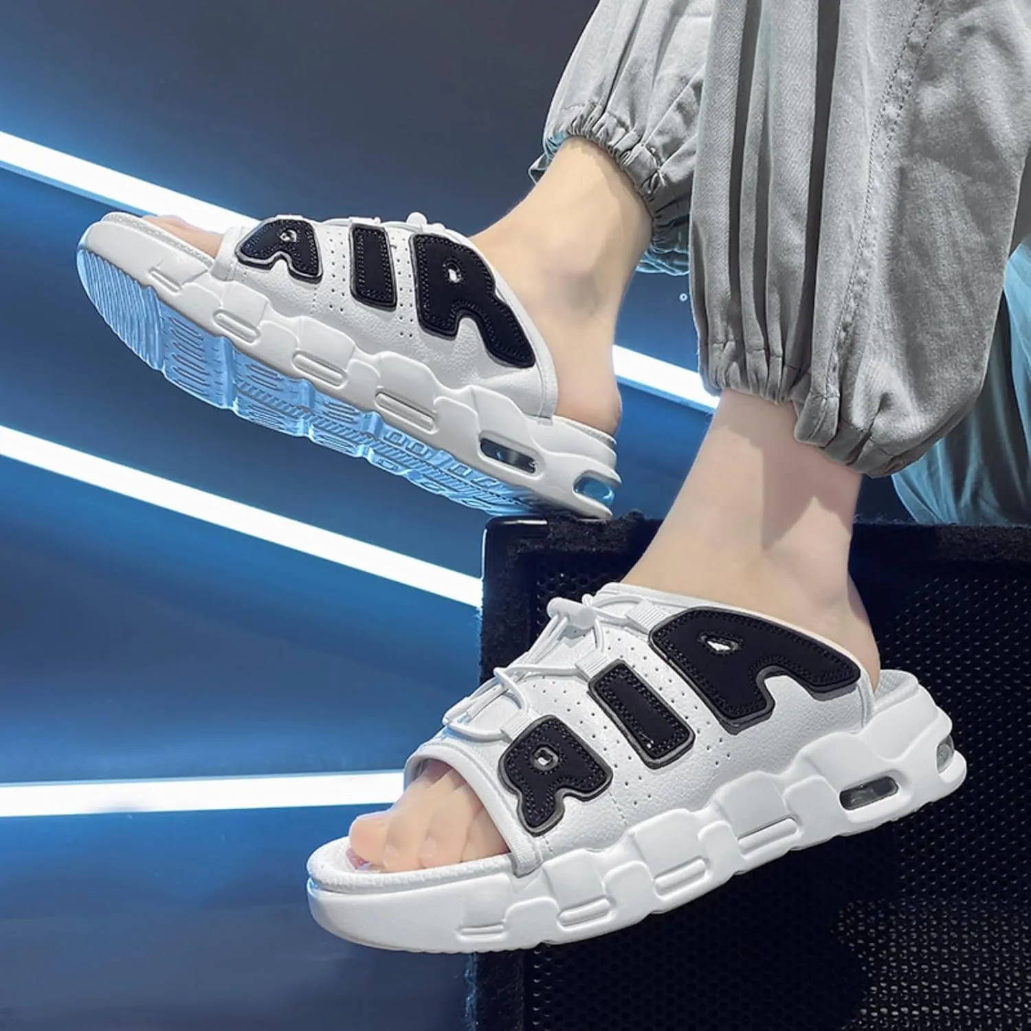 Men's Thick Slippers - Breathable Perforated Leather Sandals with Adjustable Shoelaces Indoor/Outdoor Non Slip Sole