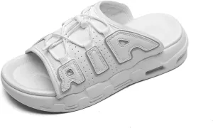 Men's Thick Slippers - Breathable Perforated Leather Sandals with Adjustable Shoelaces Indoor/Outdoor Non Slip Sole(White1,7.5)