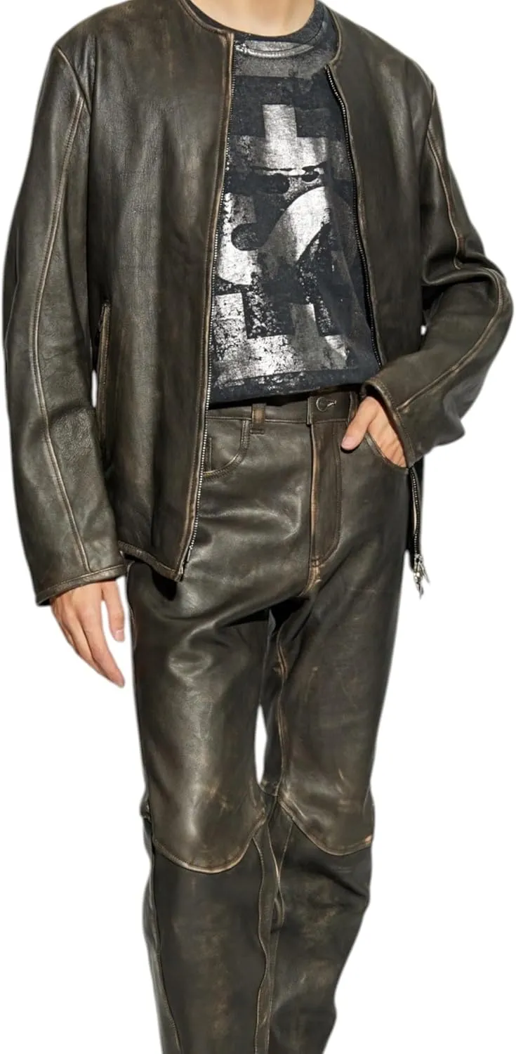 Men's Vintage Olive Green Real Cowhide Leather Jacket – Handmade Full-Zip Moto Style Coat