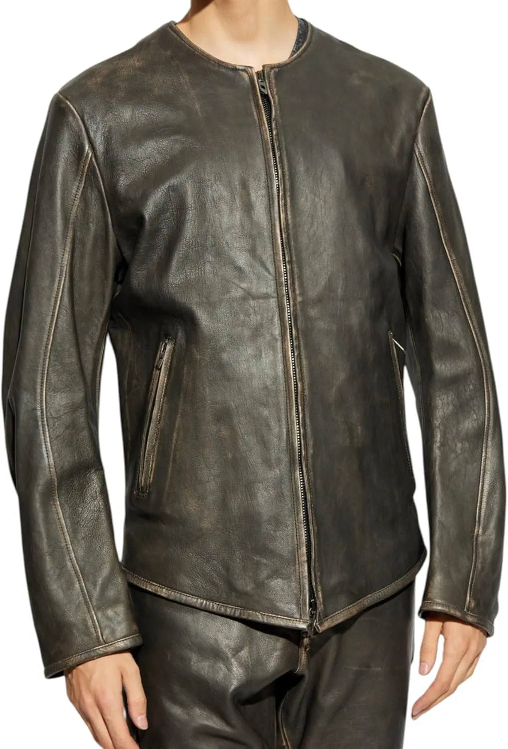Men's Vintage Olive Green Real Cowhide Leather Jacket – Handmade Full-Zip Moto Style Coat
