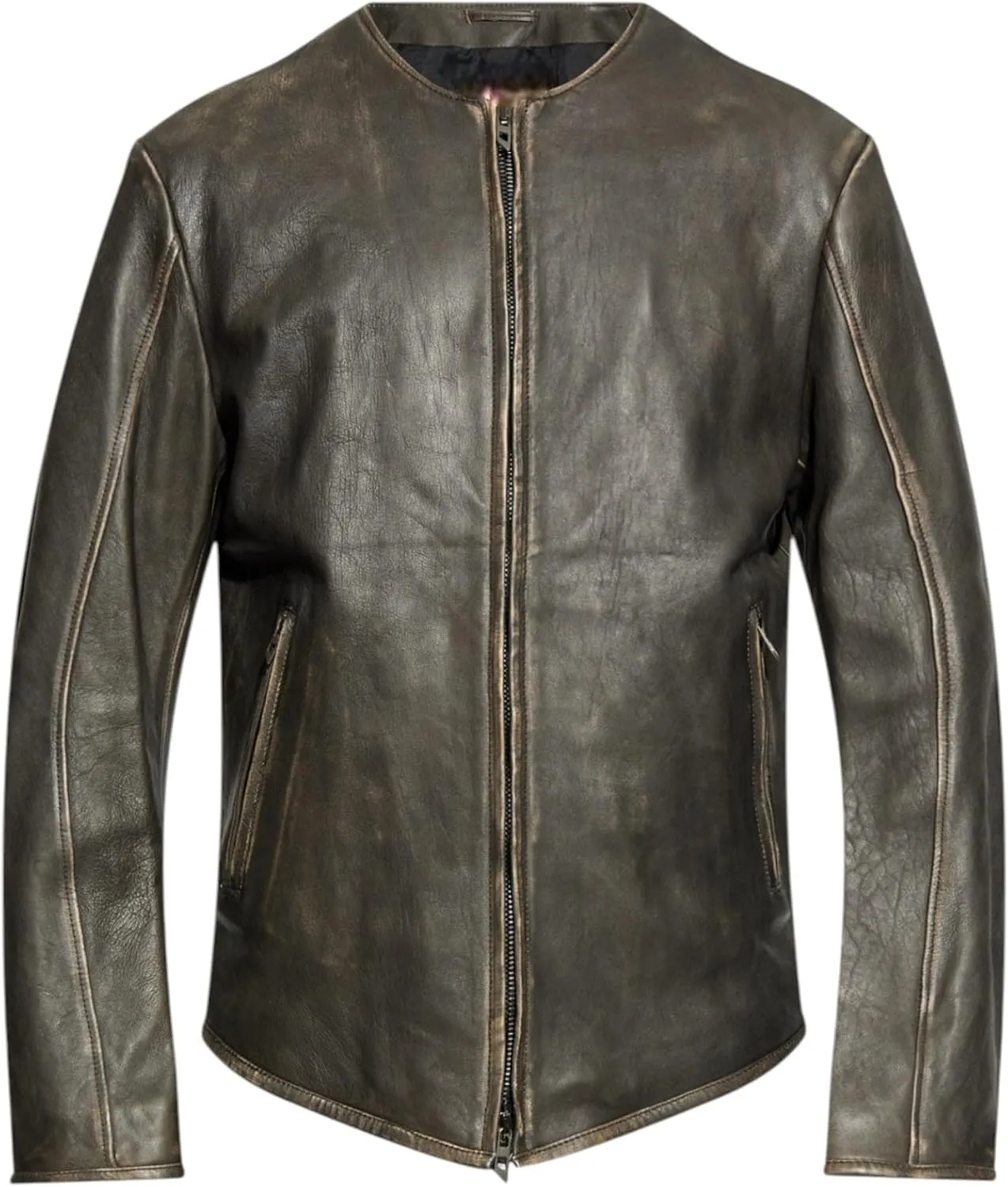 Men's Vintage Olive Green Real Cowhide Leather Jacket – Handmade Full-Zip Moto Style Coat