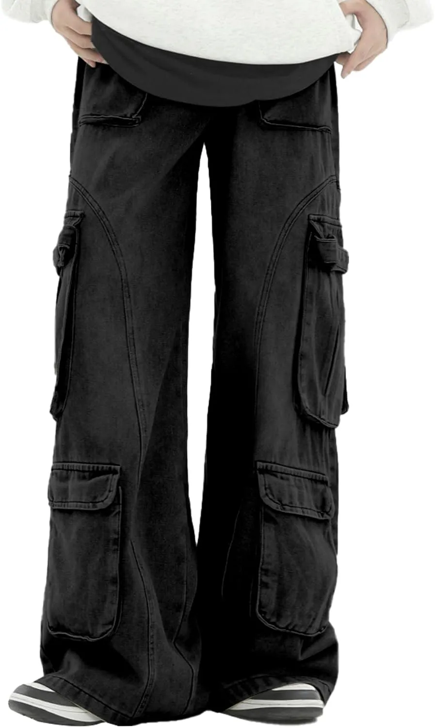 Men's Vintage Washed Cargo Jeans, High Waist, Baggy Wide Leg, Unisex Streetwear with Multiple Pockets