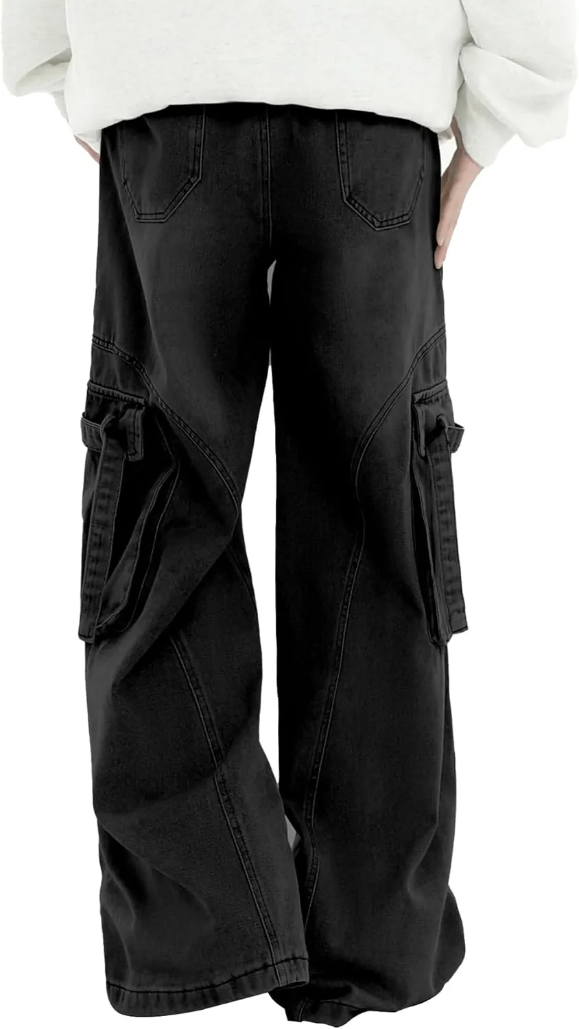 Men's Vintage Washed Cargo Jeans, High Waist, Baggy Wide Leg, Unisex Streetwear with Multiple Pockets
