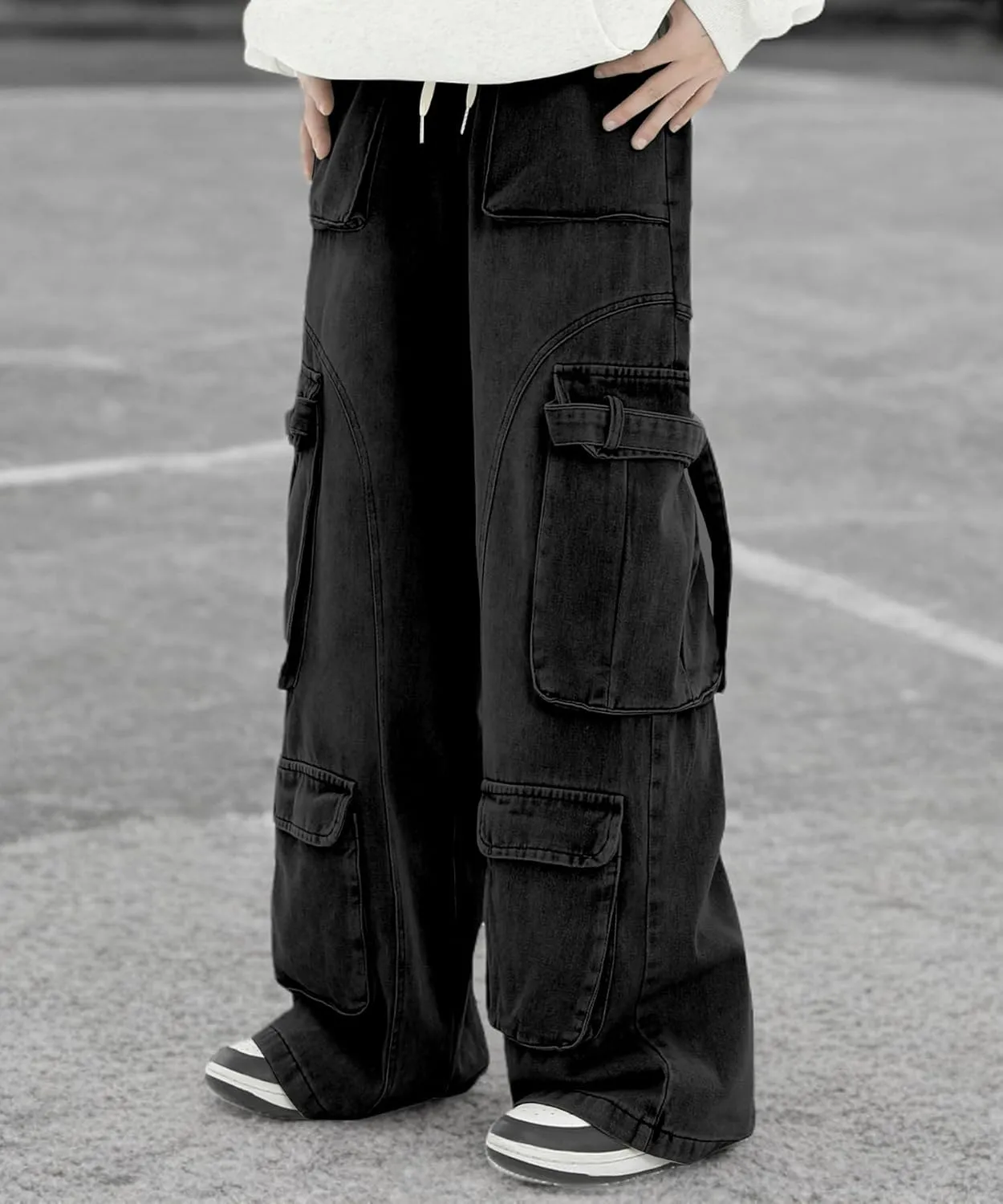Men's Vintage Washed Cargo Jeans, High Waist, Baggy Wide Leg, Unisex Streetwear with Multiple Pockets