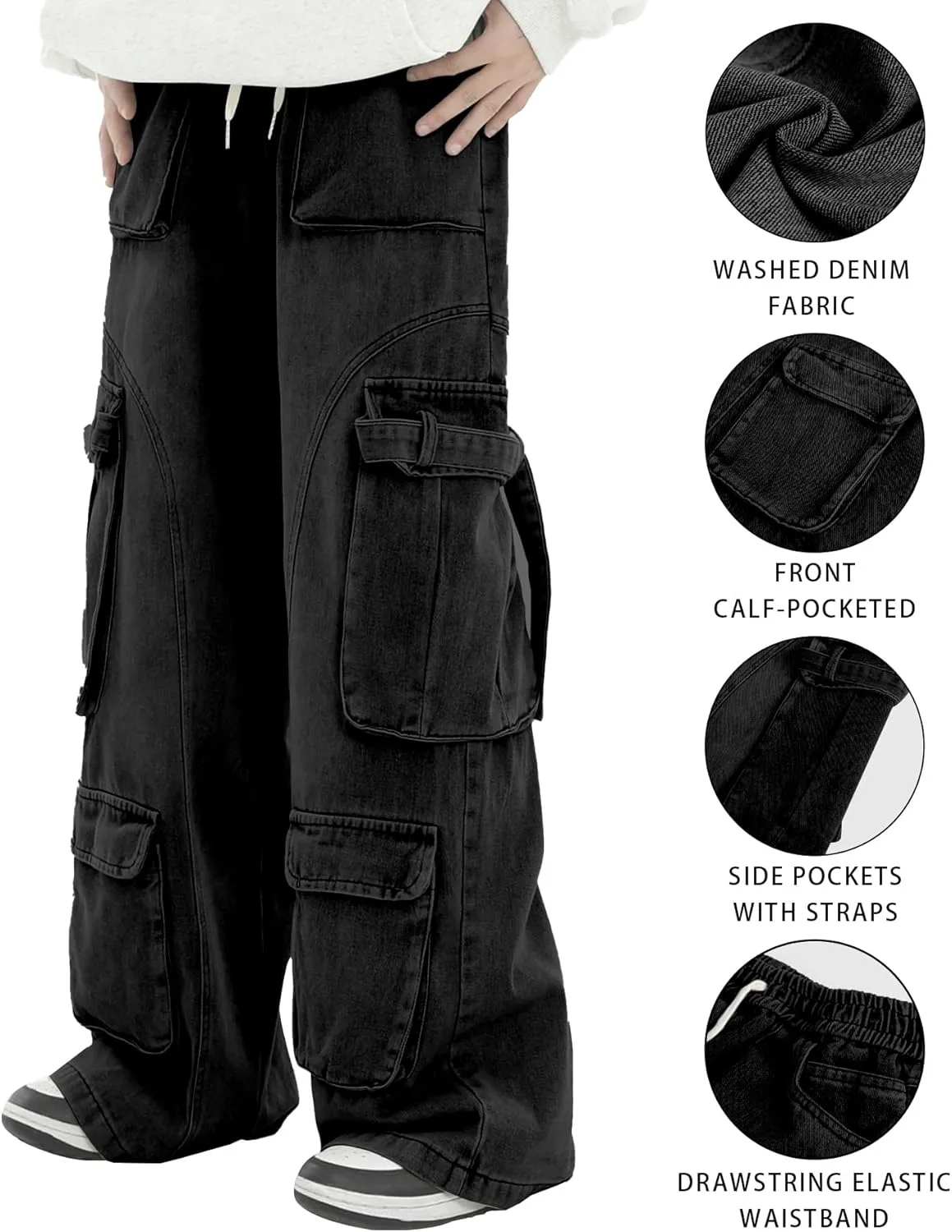 Men's Vintage Washed Cargo Jeans, High Waist, Baggy Wide Leg, Unisex Streetwear with Multiple Pockets