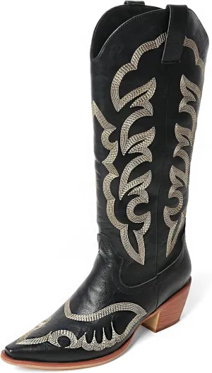 MEOTINA Cowgirl Boots Women Wide Calf Cowboy Booties Womens Square Toe Tall Western Boot Ladies Embroidered Wedding Shoes