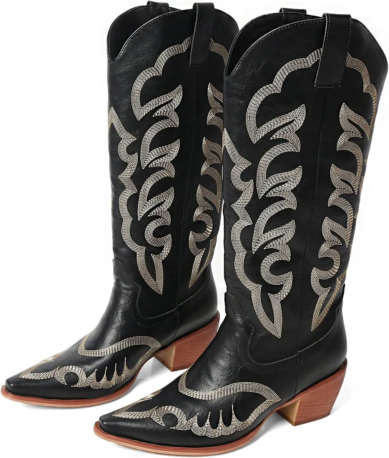 MEOTINA Cowgirl Boots Women Wide Calf Cowboy Booties Womens Square Toe Tall Western Boot Ladies Embroidered Wedding Shoes