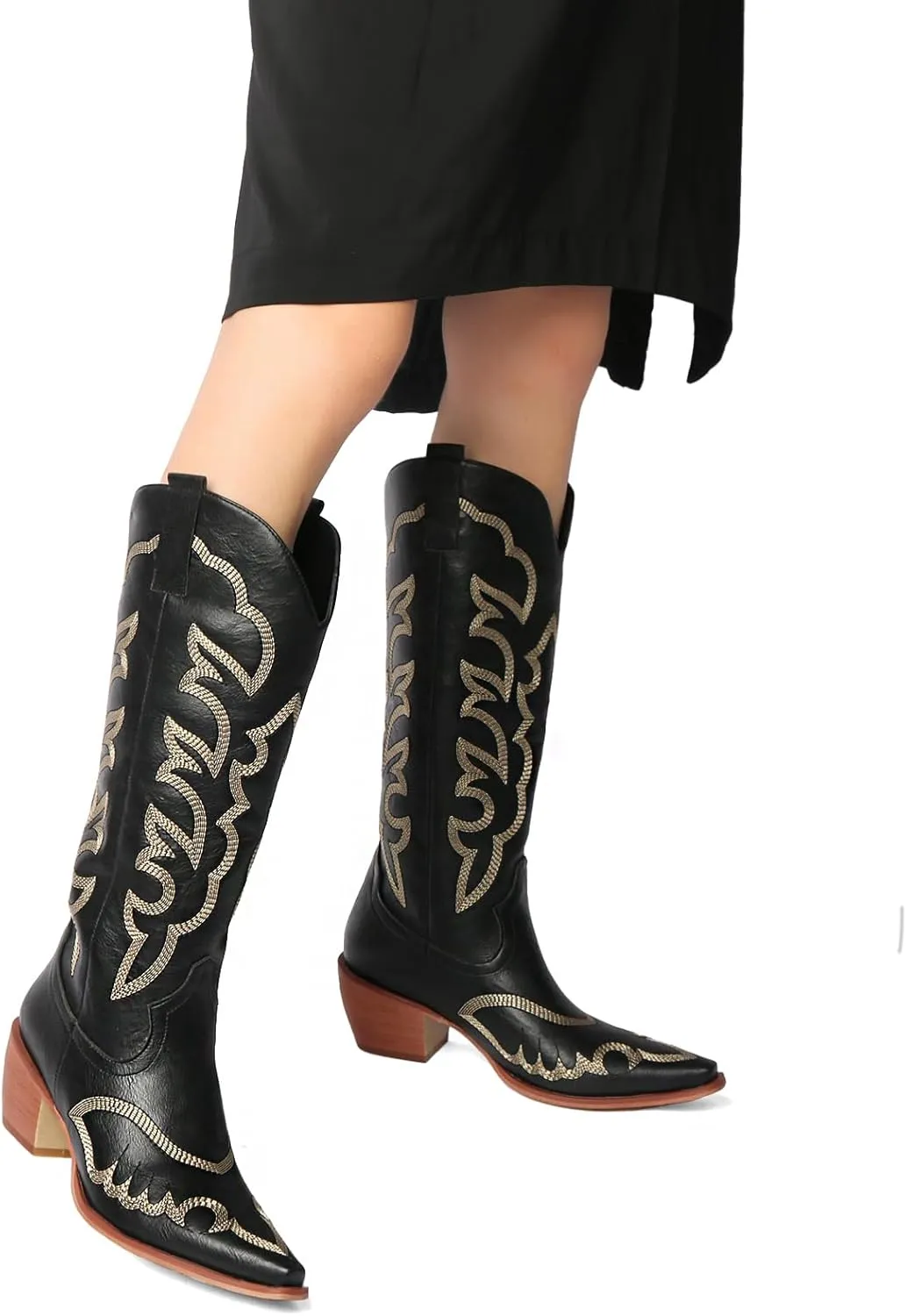 MEOTINA Cowgirl Boots Women Wide Calf Cowboy Booties Womens Square Toe Tall Western Boot Ladies Embroidered Wedding Shoes