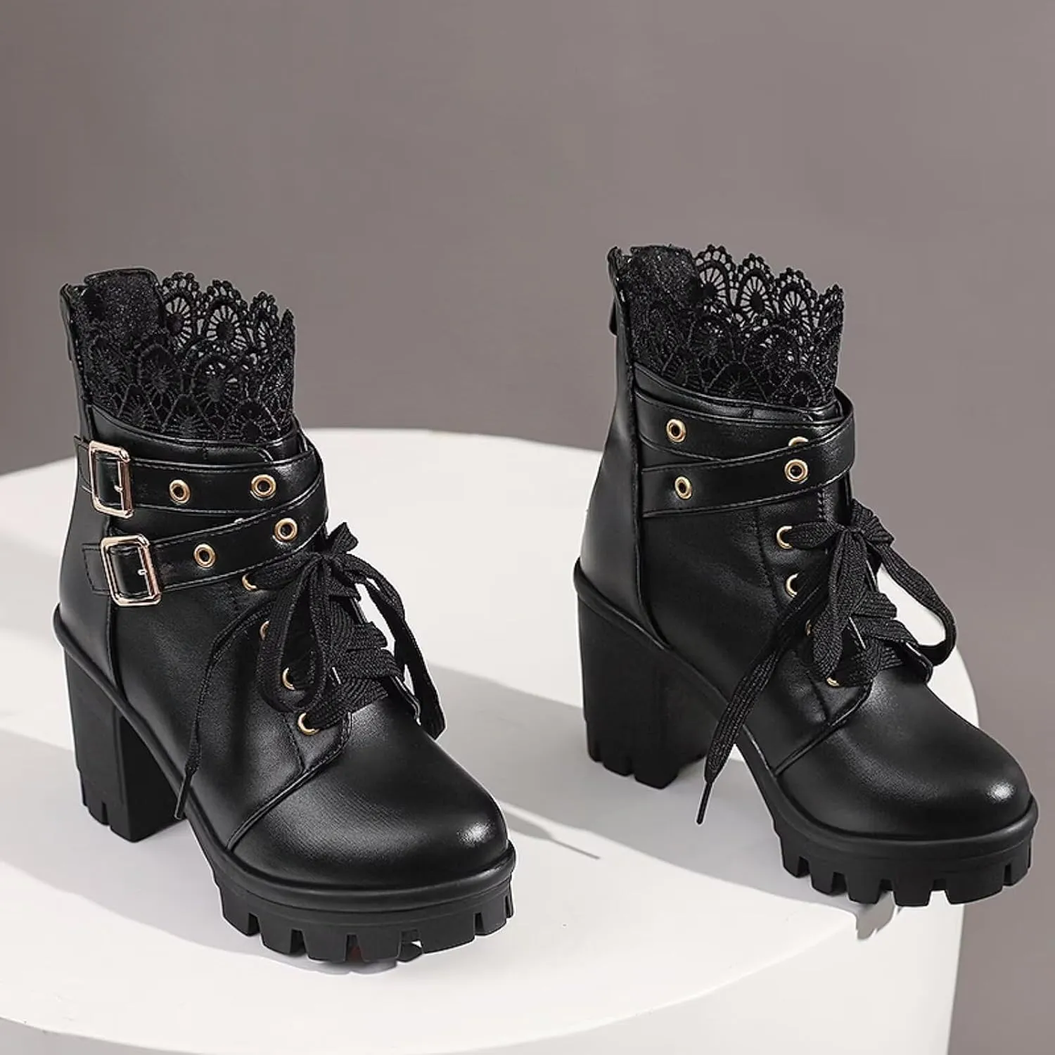MEOTINA Goth Platform Boots Chunky High Heels Ankle Boots Lace Buckle Gothic Cosplay Booties Zipper Punk Shoes