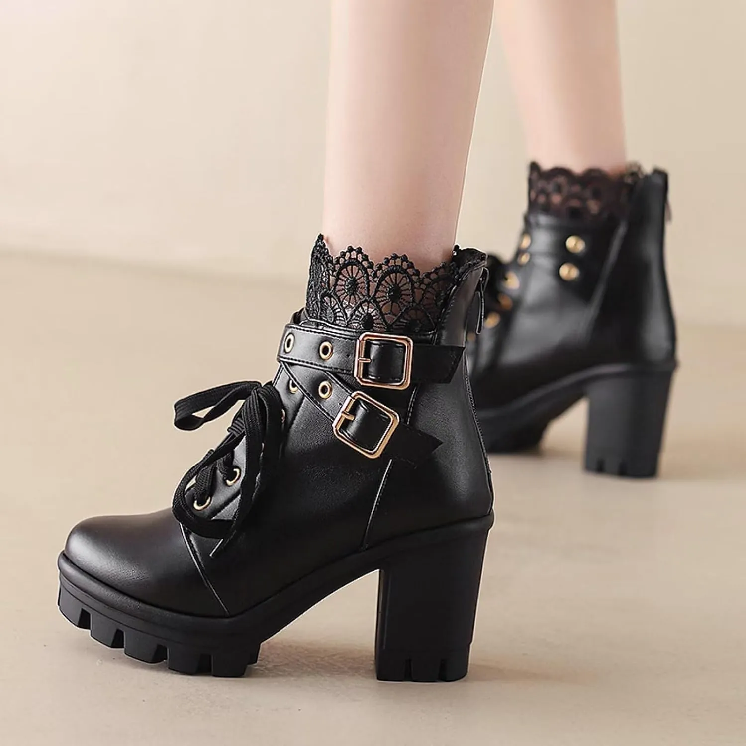 MEOTINA Goth Platform Boots Chunky High Heels Ankle Boots Lace Buckle Gothic Cosplay Booties Zipper Punk Shoes