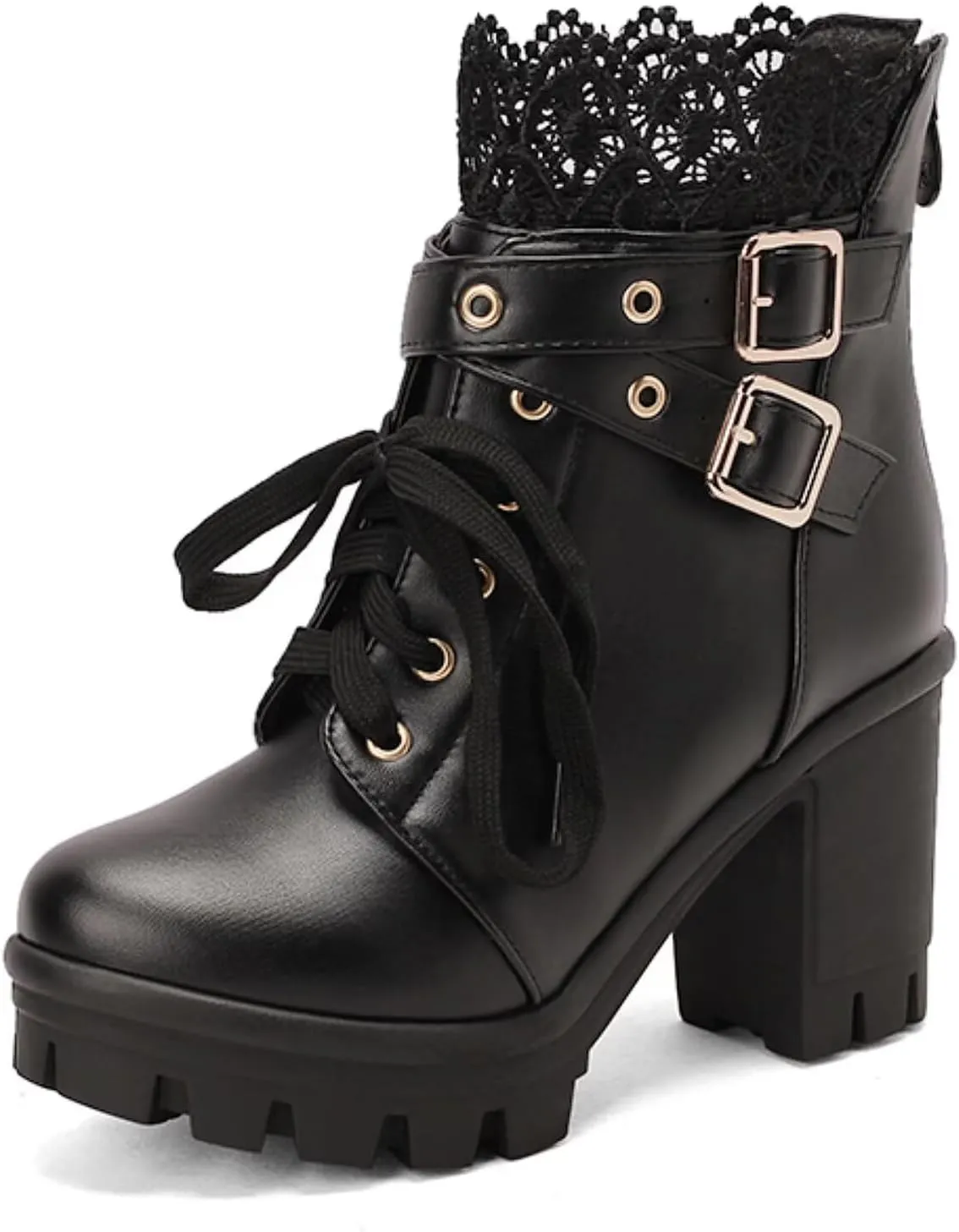MEOTINA Goth Platform Boots Chunky High Heels Ankle Boots Lace Buckle Gothic Cosplay Booties Zipper Punk Shoes