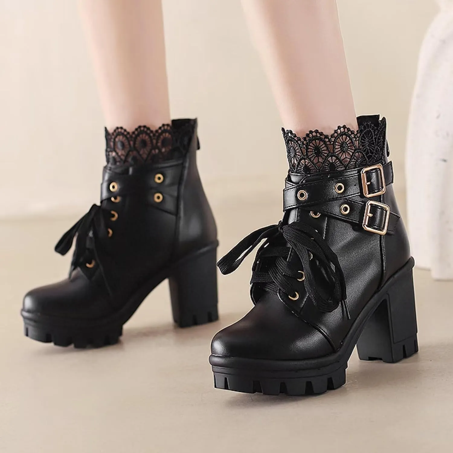 MEOTINA Goth Platform Boots Chunky High Heels Ankle Boots Lace Buckle Gothic Cosplay Booties Zipper Punk Shoes