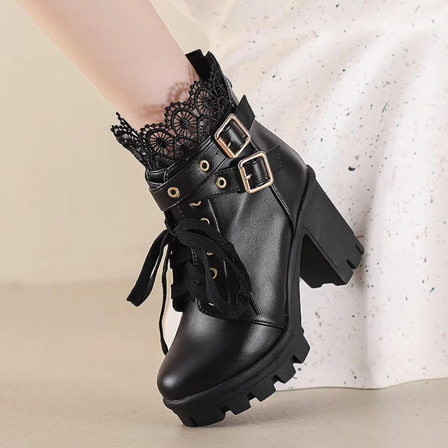 MEOTINA Goth Platform Boots Chunky High Heels Ankle Boots Lace Buckle Gothic Cosplay Booties Zipper Punk Shoes