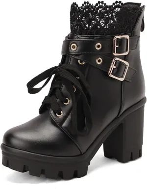 MEOTINA Goth Platform Boots Chunky High Heels Ankle Boots Lace Buckle Gothic Cosplay Booties Zipper Punk Shoes