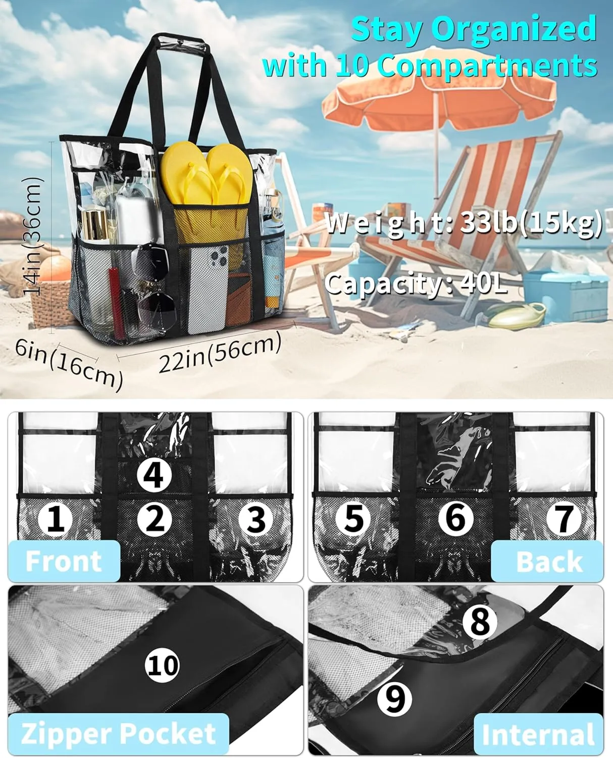 Mesh Beach Tote Bag: Large Travel Handbag Waterproof Sandproof for Pool Vacation Camping Cruise Bag Essentials Gifts