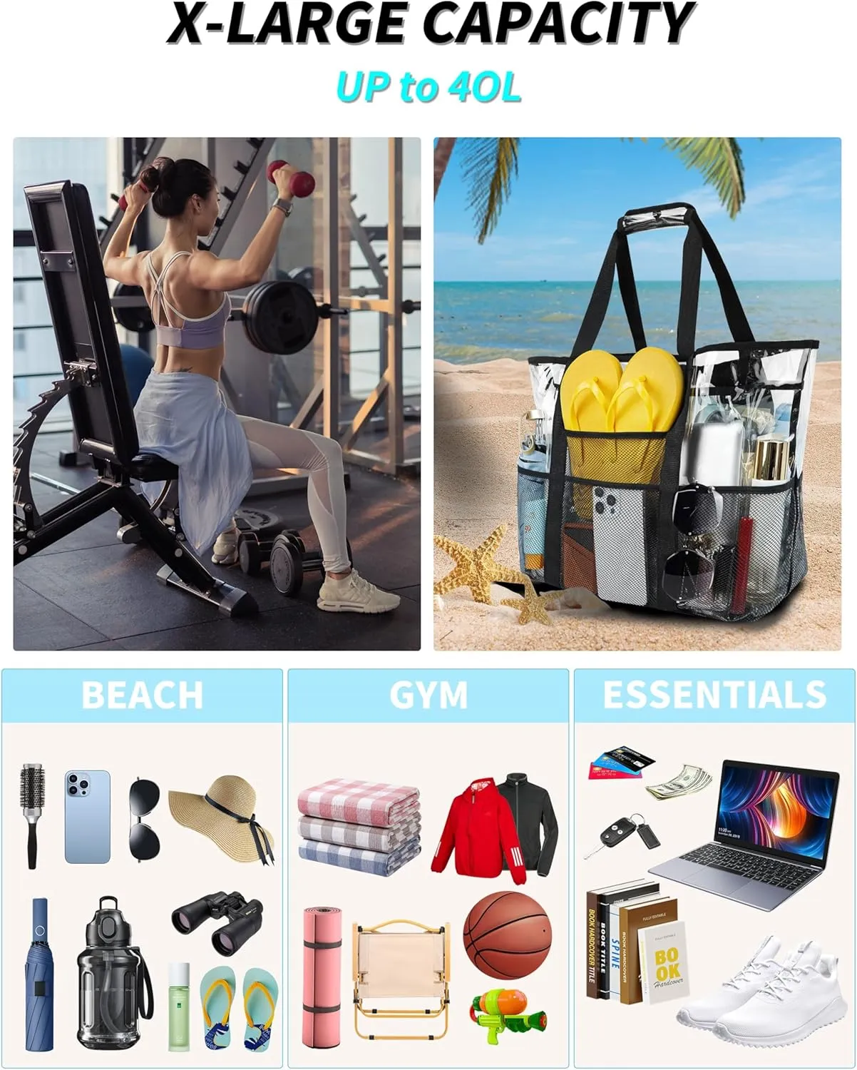 Mesh Beach Tote Bag: Large Travel Handbag Waterproof Sandproof for Pool Vacation Camping Cruise Bag Essentials Gifts