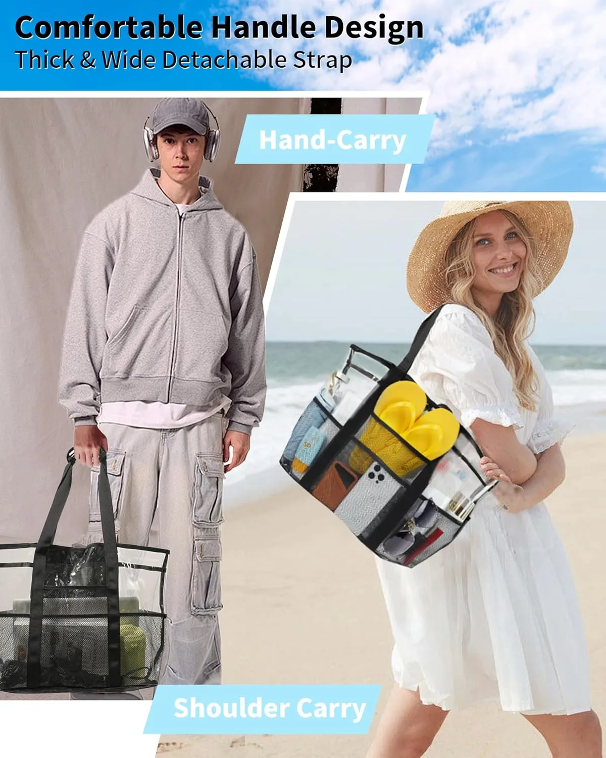 Mesh Beach Tote Bag: Large Travel Handbag Waterproof Sandproof for Pool Vacation Camping Cruise Bag Essentials Gifts