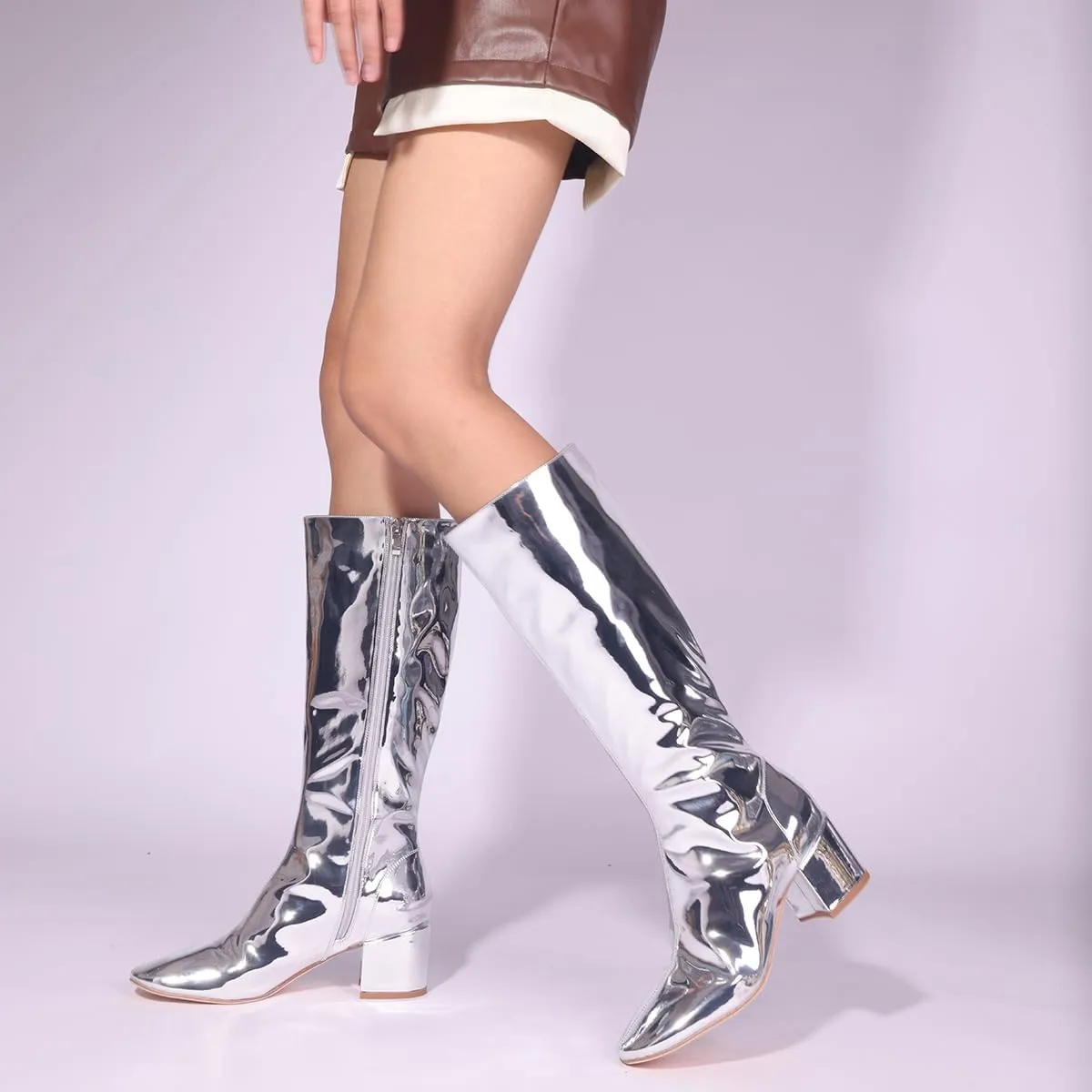 Metallic Knee High Boots for Women, Round Toe Chunky Heel Tall Boots Low Heel Long Boots Fashion Dress Party Booties