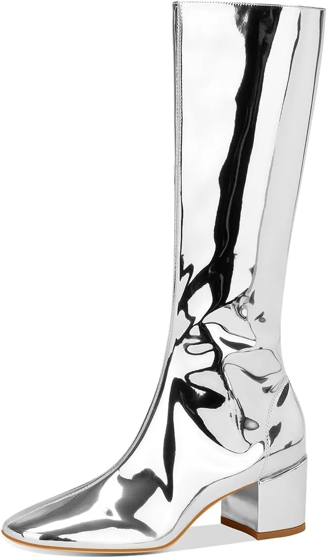Metallic Knee High Boots for Women, Round Toe Chunky Heel Tall Boots Low Heel Long Boots Fashion Dress Party Booties