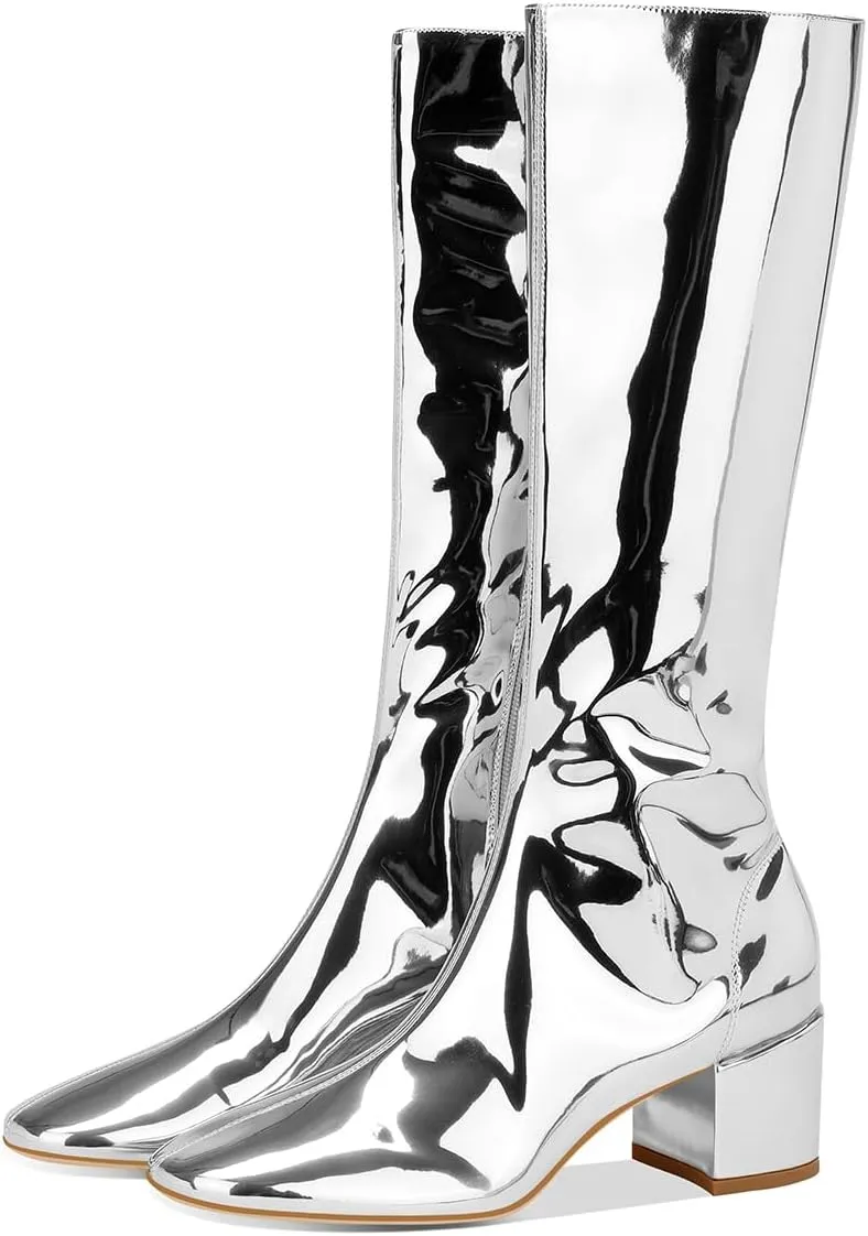 Metallic Knee High Boots for Women, Round Toe Chunky Heel Tall Boots Low Heel Long Boots Fashion Dress Party Booties