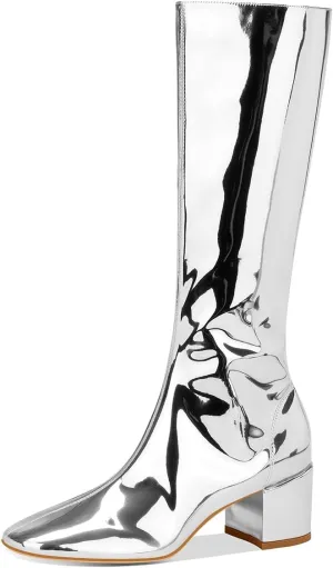 Metallic Knee High Boots for Women, Round Toe Chunky Heel Tall Boots Low Heel Long Boots Fashion Dress Party Booties