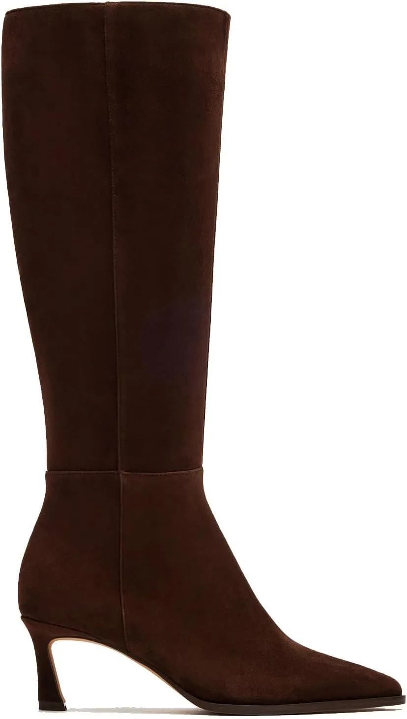 MICIFA Burgundy Kitten Heel Knee High Boots for Women Side Zipper Tall Leather Boots Pointed Toe Fall Dress Boots