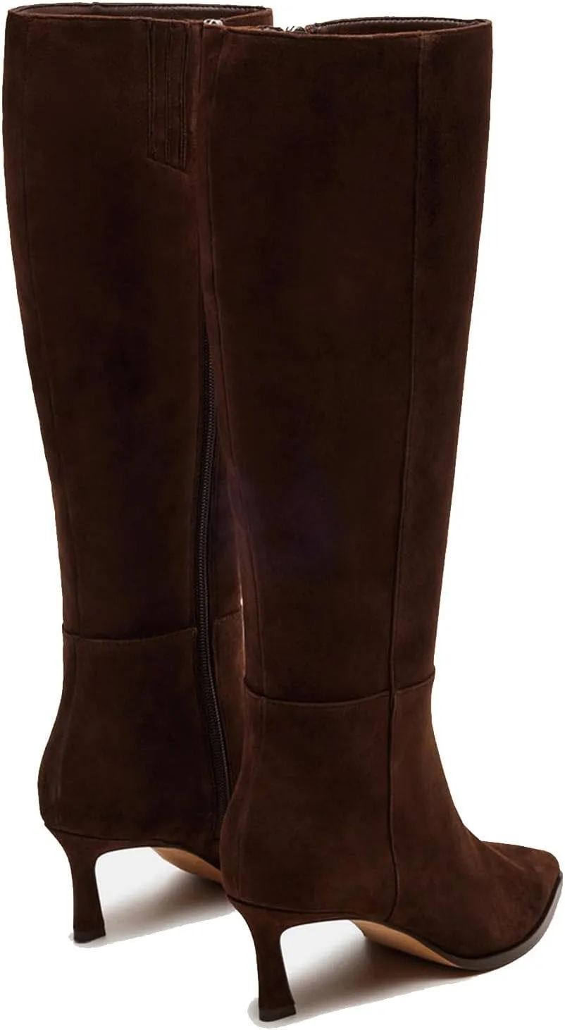 MICIFA Burgundy Kitten Heel Knee High Boots for Women Side Zipper Tall Leather Boots Pointed Toe Fall Dress Boots