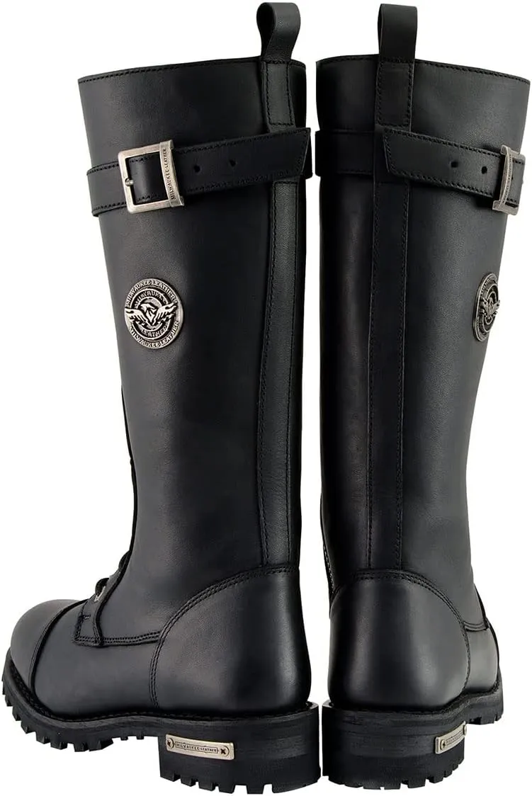 Milwaukee Leather Women's Black 14-inch Lace-Up High-Rise Leather Biker Rider Boots with Calf Buckle MBL9355