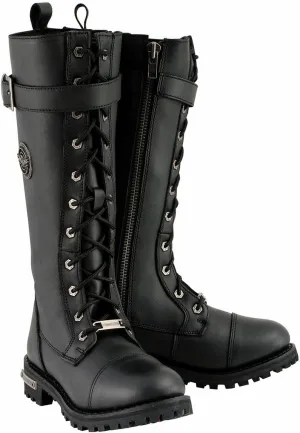 Milwaukee Leather Women's Black 14-inch Lace-Up High-Rise Leather Biker Rider Boots with Calf Buckle MBL9355