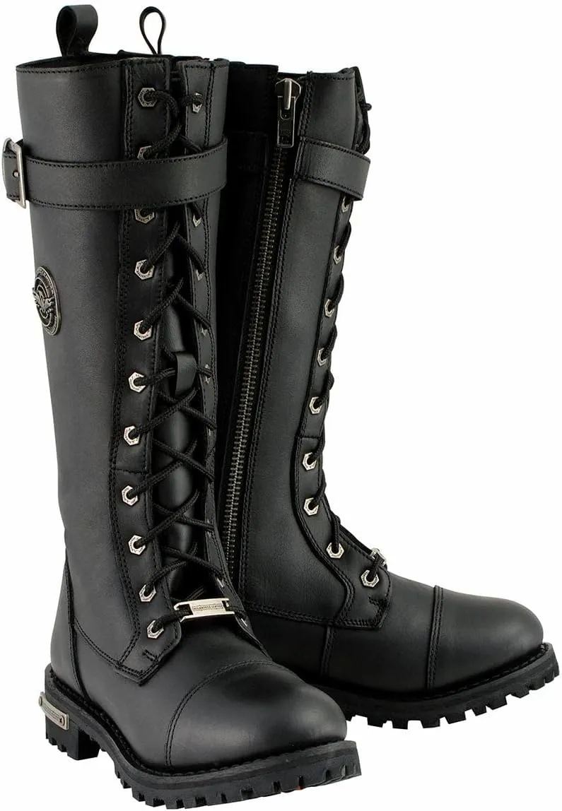 Milwaukee Leather Women's Black 14-inch Lace-Up High-Rise Leather Biker Rider Boots with Calf Buckle MBL9355