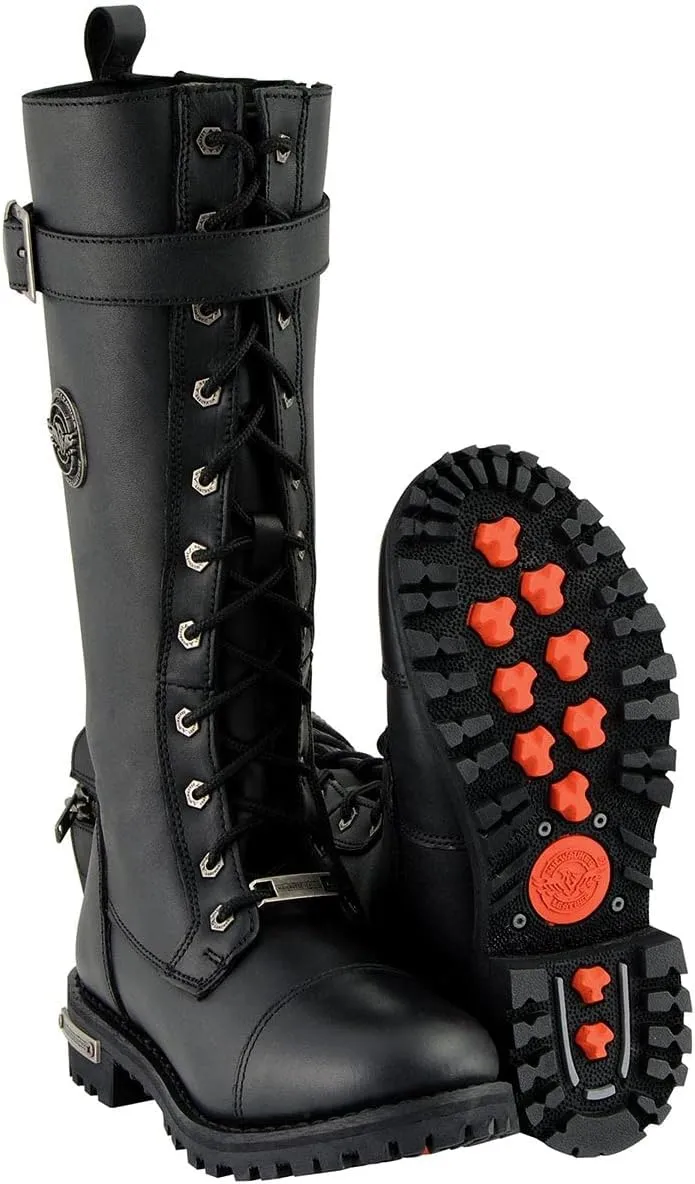 Milwaukee Leather Women's Black 14-inch Lace-Up High-Rise Leather Biker Rider Boots with Calf Buckle MBL9355