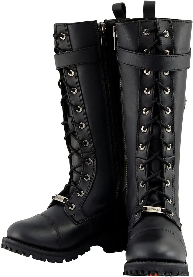 Milwaukee Leather Women's Black 14-inch Lace-Up High-Rise Leather Biker Rider Boots with Calf Buckle MBL9355