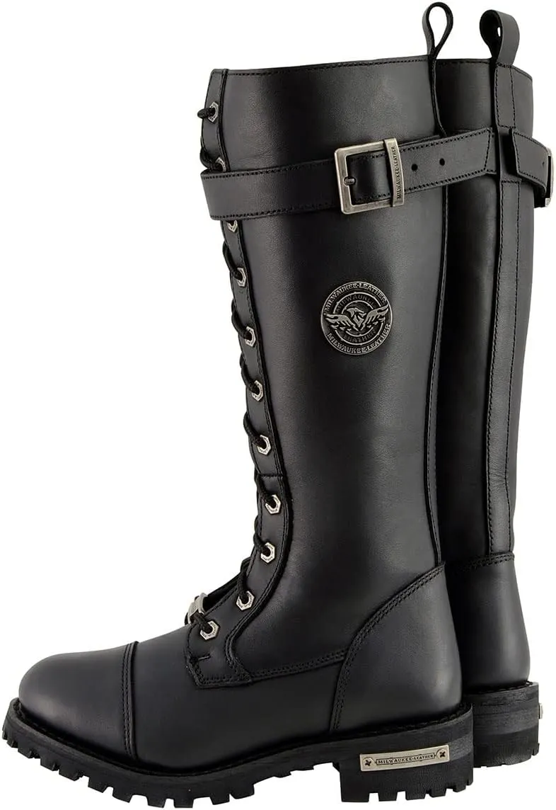 Milwaukee Leather Women's Black 14-inch Lace-Up High-Rise Leather Biker Rider Boots with Calf Buckle MBL9355