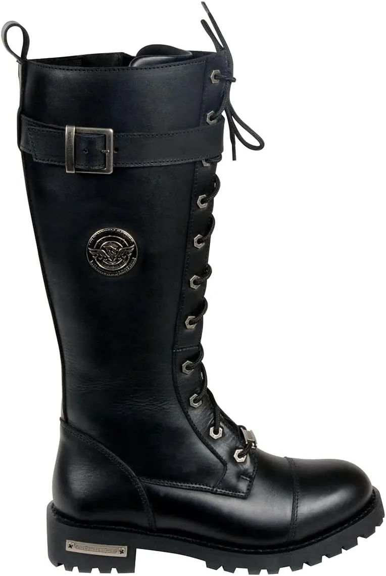 Milwaukee Leather Women's Black 14-inch Lace-Up High-Rise Leather Biker Rider Boots with Calf Buckle MBL9355