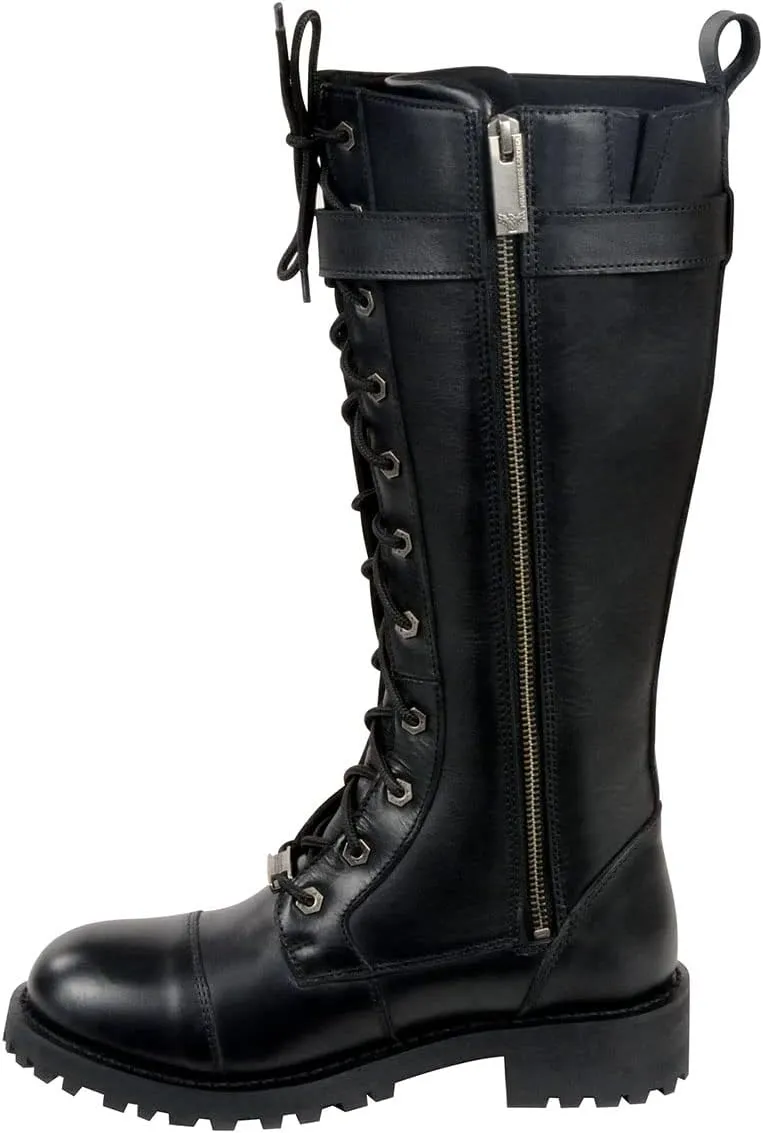 Milwaukee Leather Women's Black 14-inch Lace-Up High-Rise Leather Biker Rider Boots with Calf Buckle MBL9355