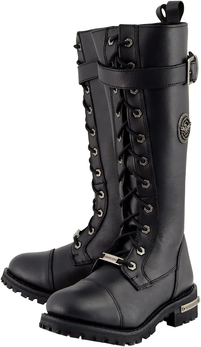 Milwaukee Leather Women's Black 14-inch Lace-Up High-Rise Leather Biker Rider Boots with Calf Buckle MBL9355