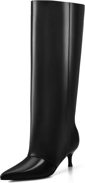 MIRAAZZURRA Knee High Boots Kitten Heel Tall Boots Low Heel Pointed Toe Pull on Slouchy Fashion Long Boots for Women