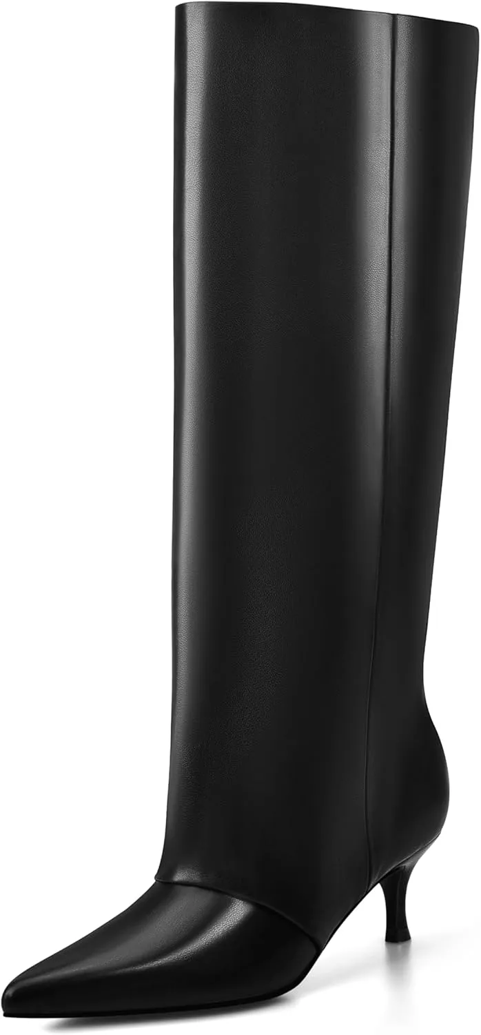 MIRAAZZURRA Knee High Boots Kitten Heel Tall Boots Low Heel Pointed Toe Pull on Slouchy Fashion Long Boots for Women