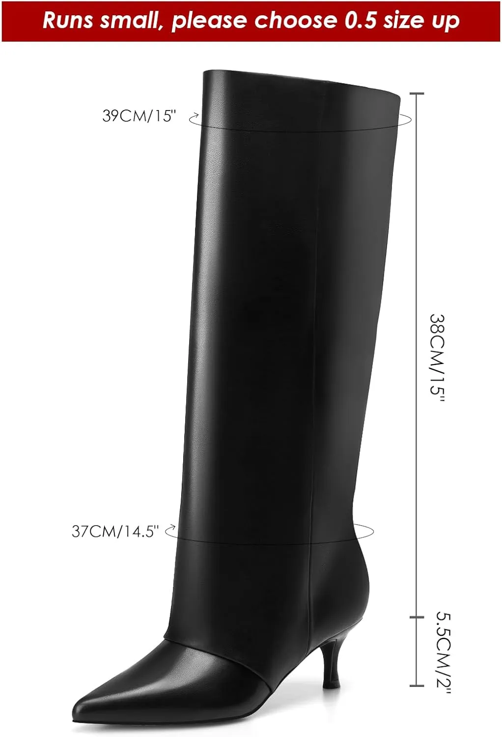 MIRAAZZURRA Knee High Boots Kitten Heel Tall Boots Low Heel Pointed Toe Pull on Slouchy Fashion Long Boots for Women