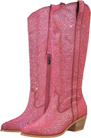 MissHeel Sparkly Rhinestones Knee High Boots Chunky Heels