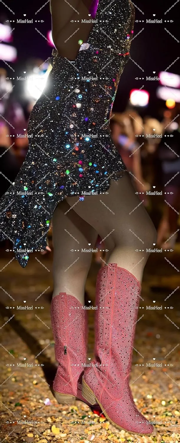 MissHeel Sparkly Rhinestones Knee High Boots Chunky Heels