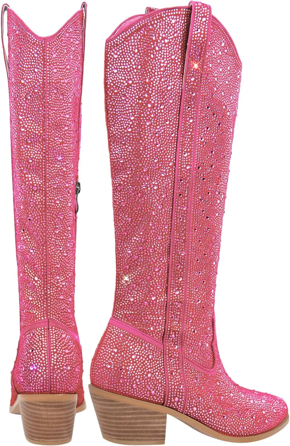 MissHeel Sparkly Rhinestones Knee High Boots Chunky Heels