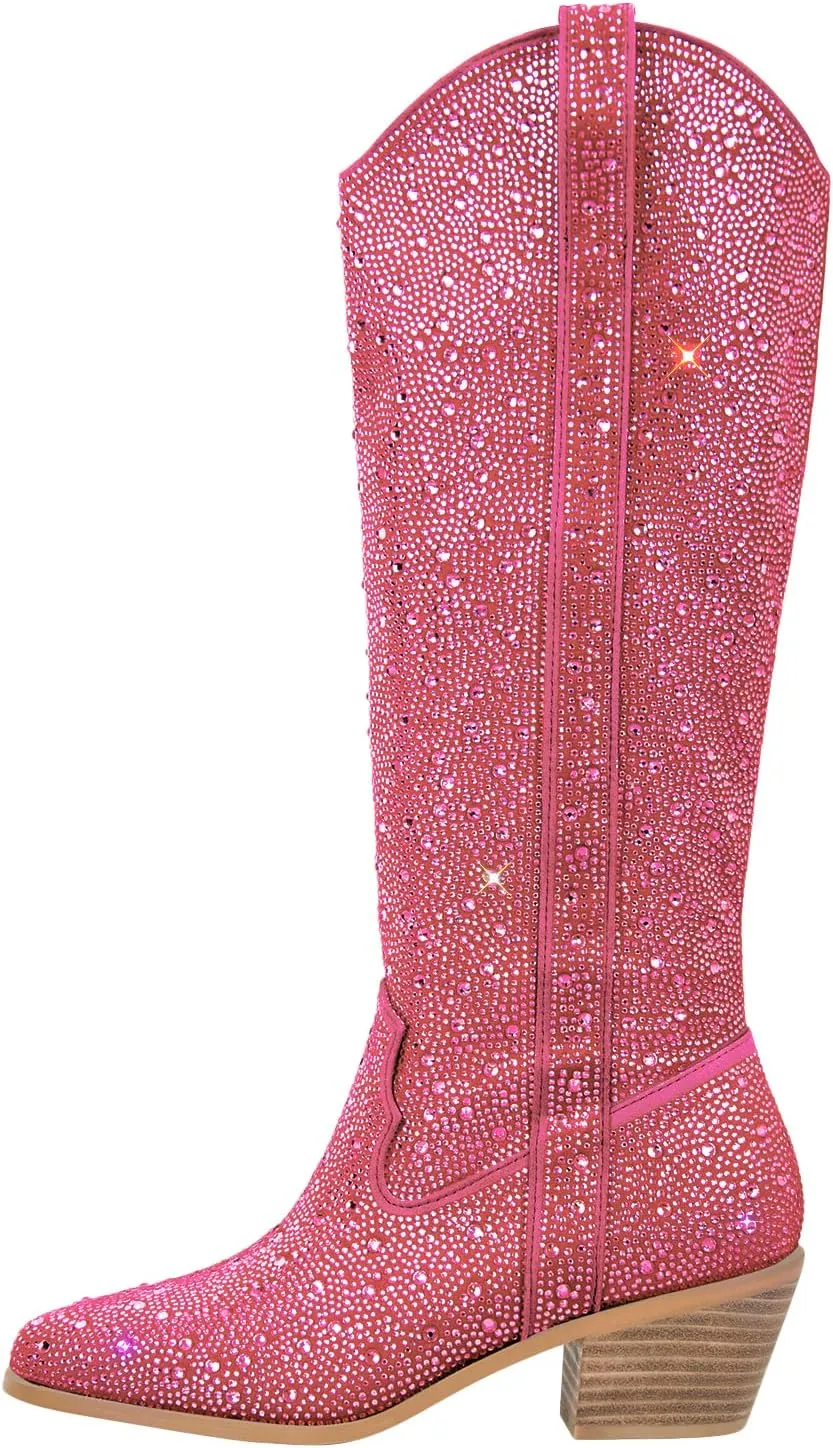 MissHeel Sparkly Rhinestones Knee High Boots Chunky Heels