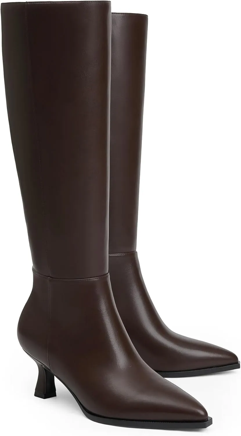 Modatope Knee High Boots Kitten Low Heel Faux Leather Pointed Toe Side Zipper Fall Long Tall Boots for Women